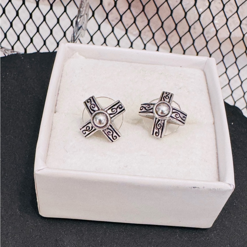Brighton X Cross Silver Stud Earrings with scroll design
